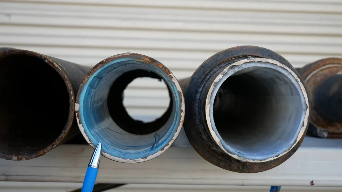 Three cut pipe sections side by side, two with a lining layer visible inside.