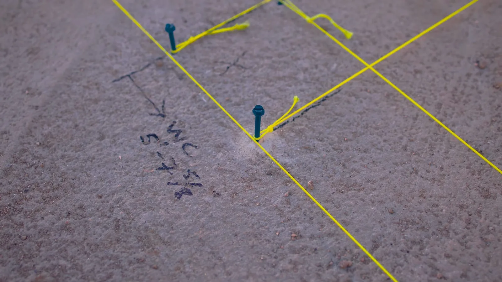 Concrete slab marked with handwritten notes and yellow string lines.