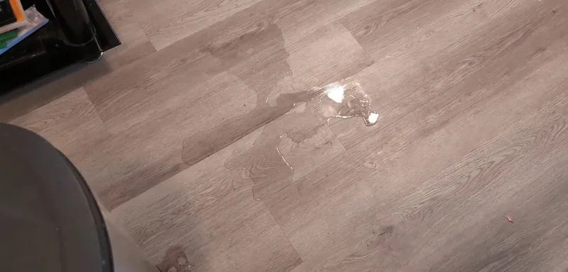 Pool of water on a vinyl plank floor.